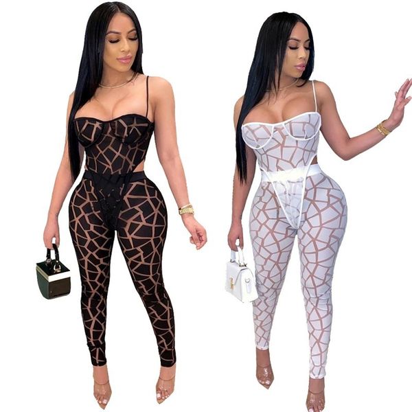 

pants summer women set tracksuits perspective mesh strapless bodysuits+pants night club party street two piece suit outfits, White