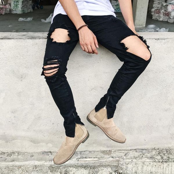 

men's jeans male fashion trousers female american stretch ripped slim feet zipper high street beggar pants pencil men, Blue