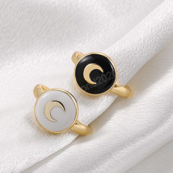 

fashion dripping oil black/white round coin ring for women trendy korea geometric gold moon opening adjustable rings jewelry, Silver