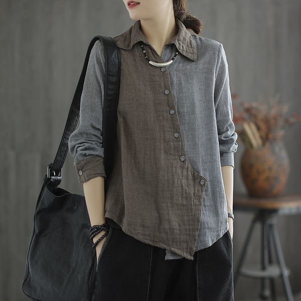 

literary retro cotton and linen diagonal of long sleeves all-match seam casual shirt to woman blouse y065 ut1r, White