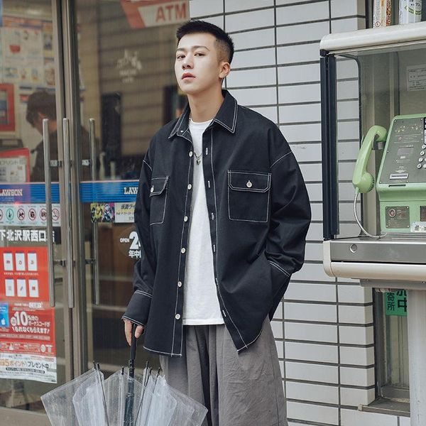 

autumn and winter youth loose japanese retro bright line long-sleeved shirt fashion casual pants -xl men's shirts, White;black