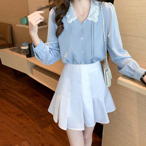 

women's blouses & shirts coigarsam blouse women autumn 2021 vintage long sleeve chiffon blue blusas womens and, White