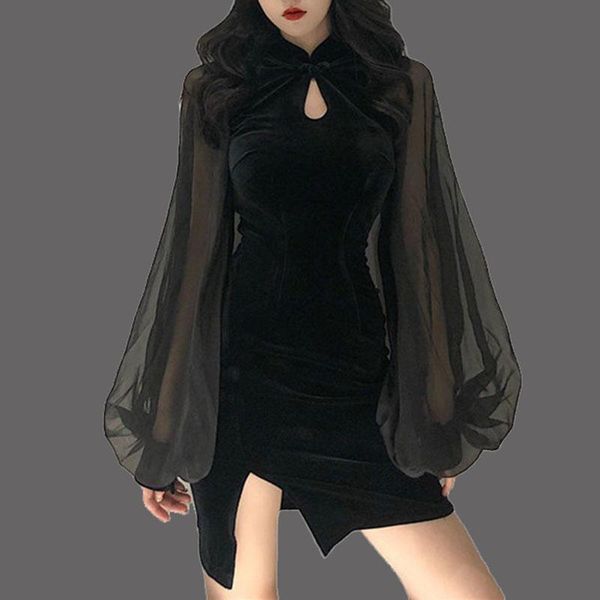 

casual dresses 2021 goth black dress retro velvet half moon decor lace dresslantern sleeve high waist bag hip slit, Black;gray
