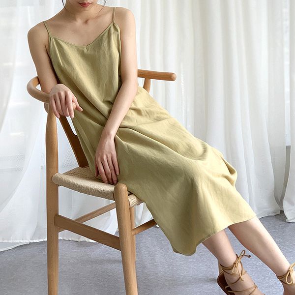 

dress 2021 cotton linen long v-collar style women summer color sleeveless dress vestidos, Black;gray
