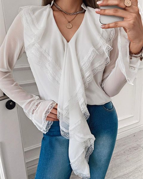 

women's blouses & shirts spring women lace trim ruffles bell sleeve blouse 2022 femme turn-down collar long office lady outfits, White