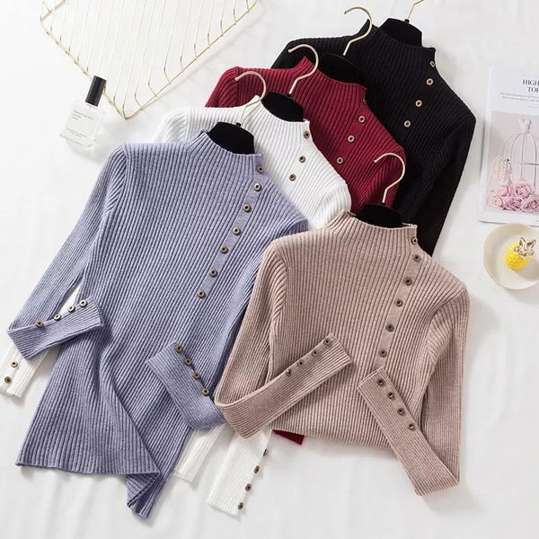 

women turtleneck sweater pullovers button knitted ladies autumn winter fall 2021 women fashion long sleeve woman sweaters, White;black