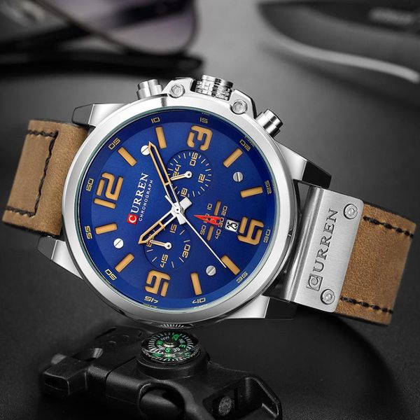 

wristwatches original luxury curren fashion leather strap quartz men watches casual date business male clock montre homme, Slivery;brown