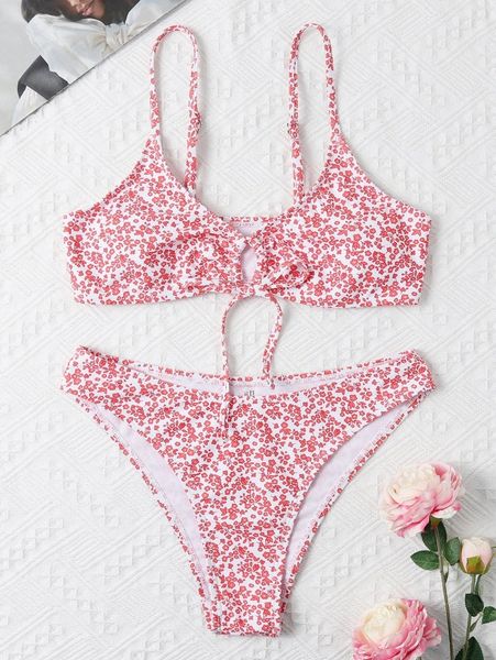 

ditsy floral tie front bikini swimsuit f8b7#, White;black