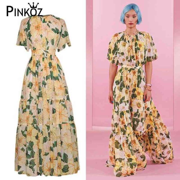 

runway designer yellow flower printed o-neck chiffon summer maxi dress for women party birthday robe long dresses vestido 210421, Black;gray