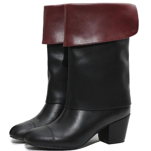 

boots classic genuine leather british retro design western botas flanging short autumn winter comfortable women shoes 2021, Black