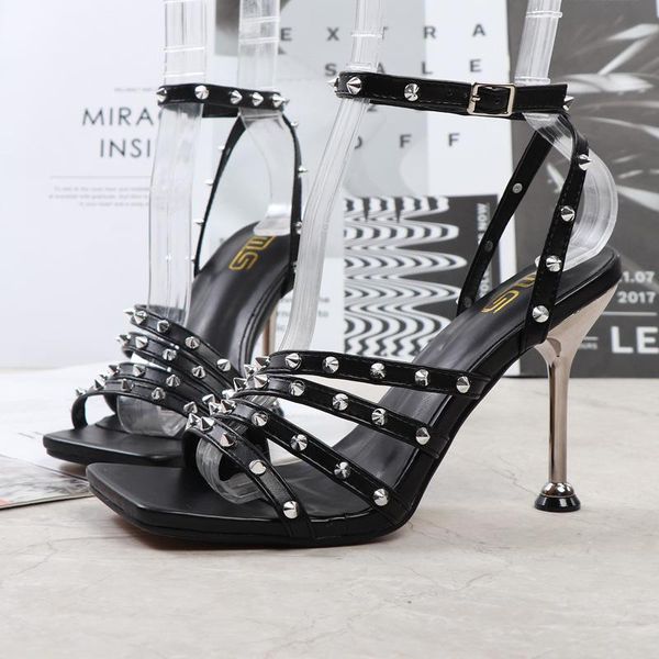 

sandals km-roya 2022 rivet gold white women narrow band stiletto high heels gladiator female party dress pumps, Black
