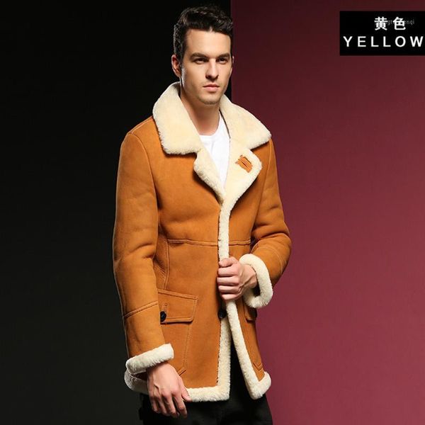 

genuine leather sheepskin fur shearling male thick clothing yellow winter jacket men overcoat men's & faux, Black