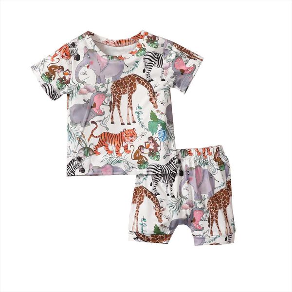 

2pcs infant toddler baby clothes set cartoon animal printshort sleeve shorts summer outfits for girls boys, White