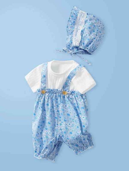 

baby ditsy floral 2 in 1 romper with hat she, Blue