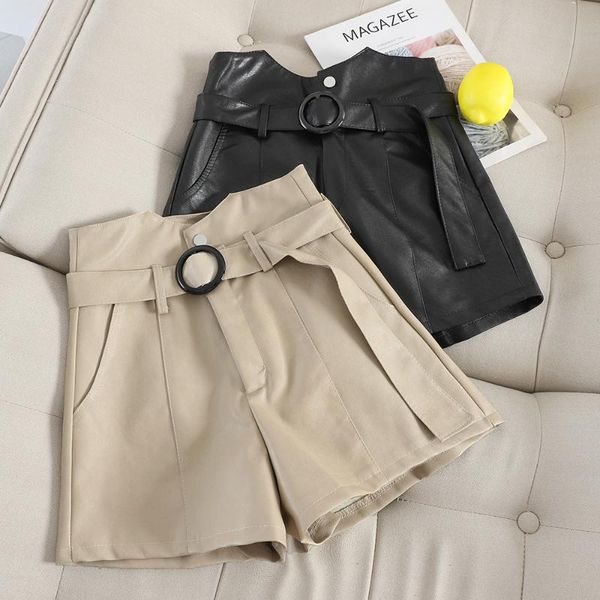 

high waist pu leather shorts women cool punk sashes wide leg 2021 autumn winter casual loose a line femme women's, White;black