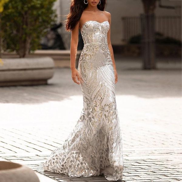 

casual dresses women strapless sequins elegant soild color party long slim fit bodycon female dress robe longue femme, Black;gray