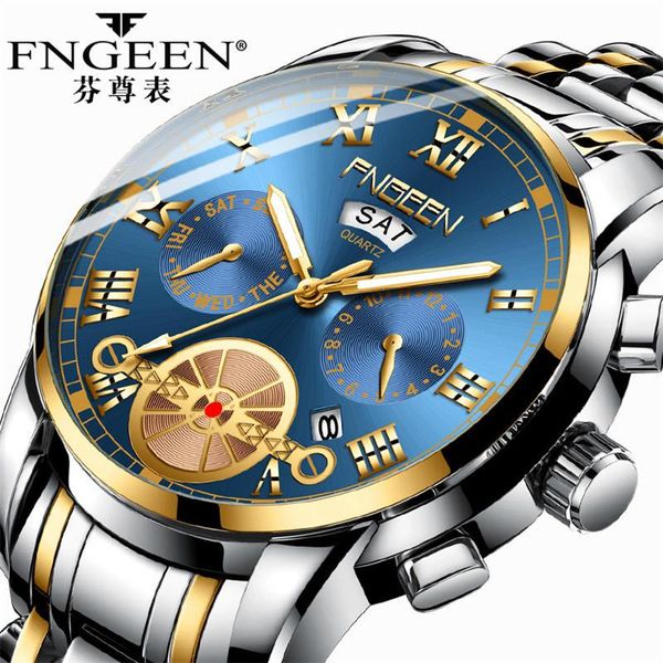 

wristwatches finzun men's watch quartz trend fashion calendar flywheel steel belt black diamond non-mechanical, Slivery;brown