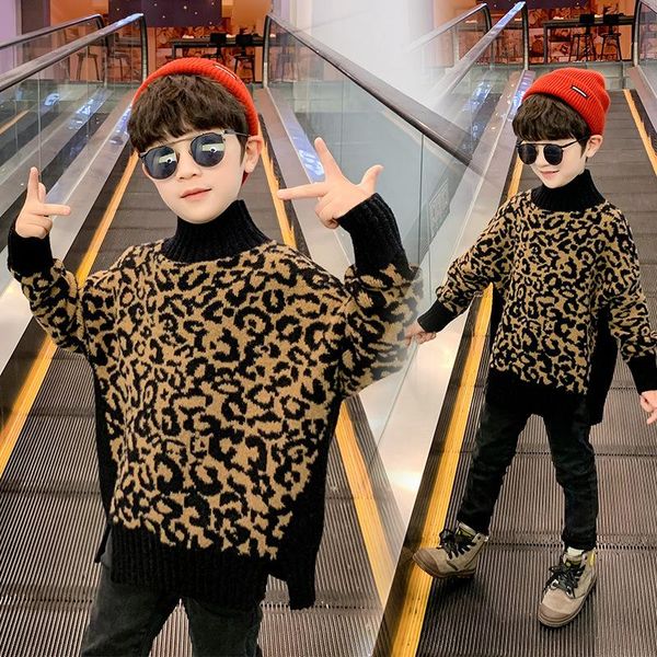 

pullover spring fall boys leopard pattern knitted long sleeve turtleneck teen kids thick warm winter bottoming shirt children sweater, Blue