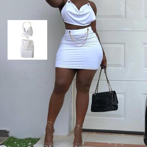 

two piece short set women tracksuits v neck chain spaghetti strap crop and bandage mini bodycon skirts ruched, Gray