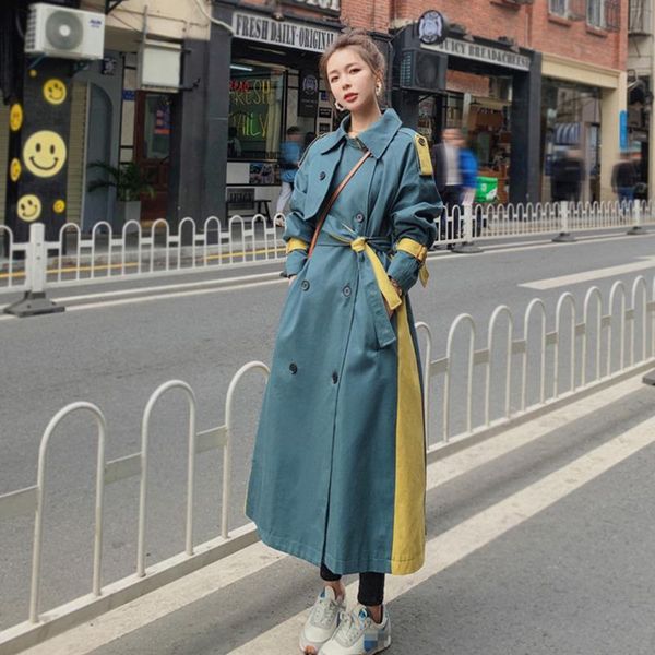 

women's trench coats [ewq] korea chic double-breasted coat women long loose windbreaker autumn outerwear with belt female tide 16e2517, Tan;black