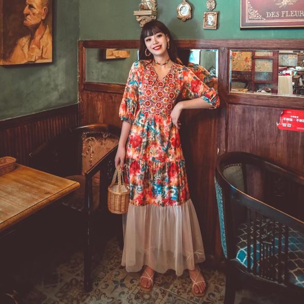 

casual dresses make national wind heavy embroidery printing white gauze spell close tied with restoring ancient ways big holiday, Black;gray