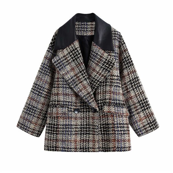 

women's suits & blazers women autumn winter fashion faux leather collar za plaid coats female stylish double breated loose thick b, White;black