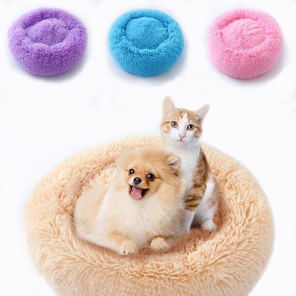 

warm cat dog round winter sleeping bag long plush super soft pet bed puppy cushion mat portable supplies kennels & pens