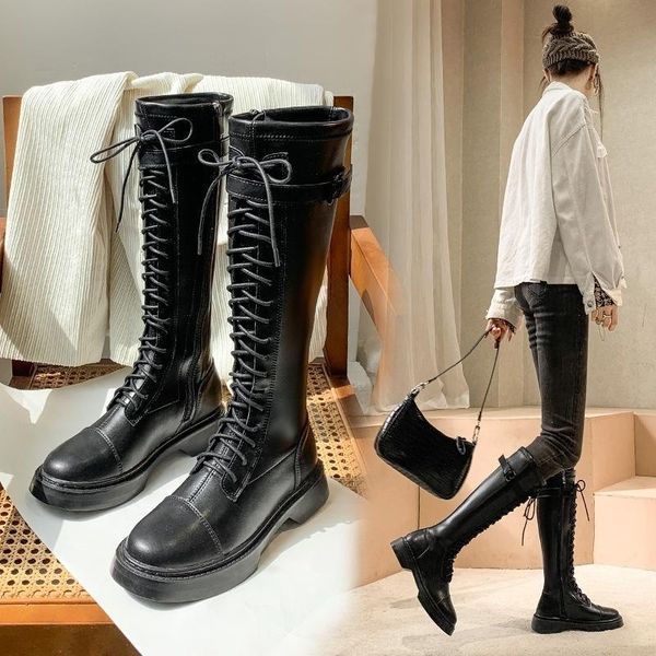 

boots color 2021 spring korean shoes solid version high knight thick round head knee strap, Black