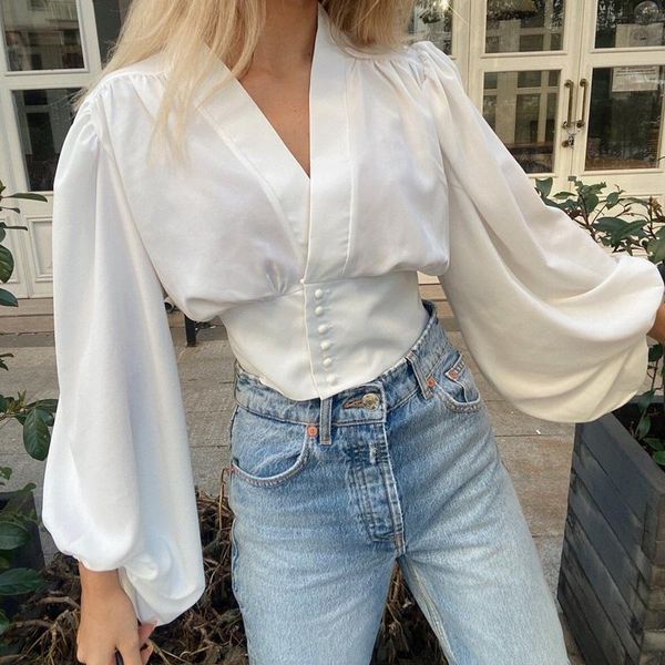 

women's blouses & shirts kumsvag women summer fashion solid 2021 v-neck lantern sleeve female satin elegant blusas xqj9277, White