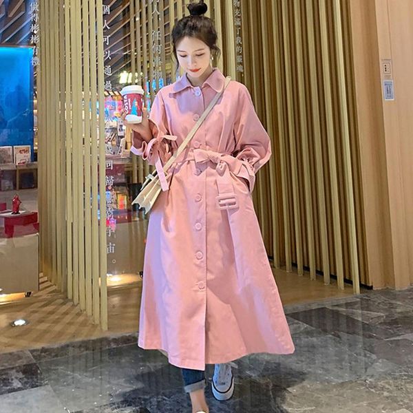 

women's trench coats pink windbreaker female double-breasted long 2021 spring autumn korean loose casual fashion over knee women coat, Tan;black