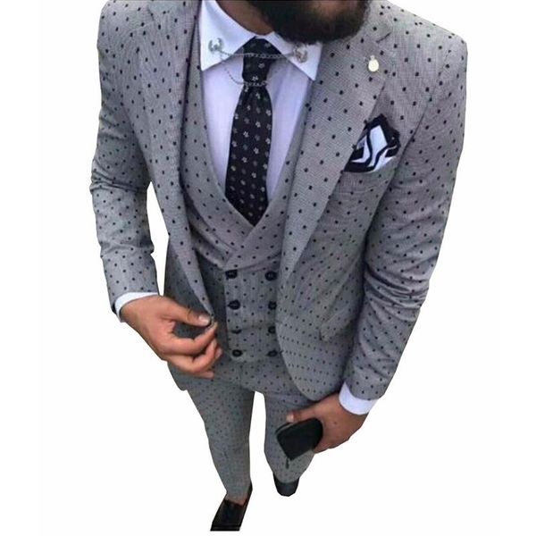 

men's suits & blazers 3 pieces wave point double breasted suit men slim fit casual business dress wedding grooms blazer+vest+pants, White;black