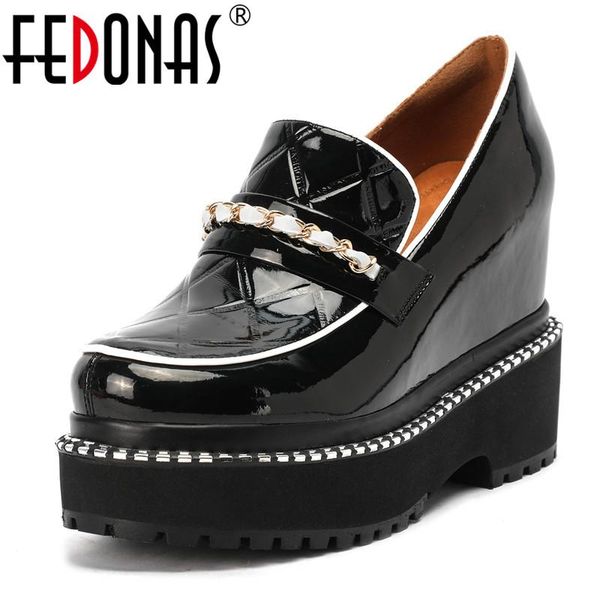 

dress shoes fedonas rhinestone wedge platform woman genuine leather shallow high heels pumps autumn retro office lady women, Black