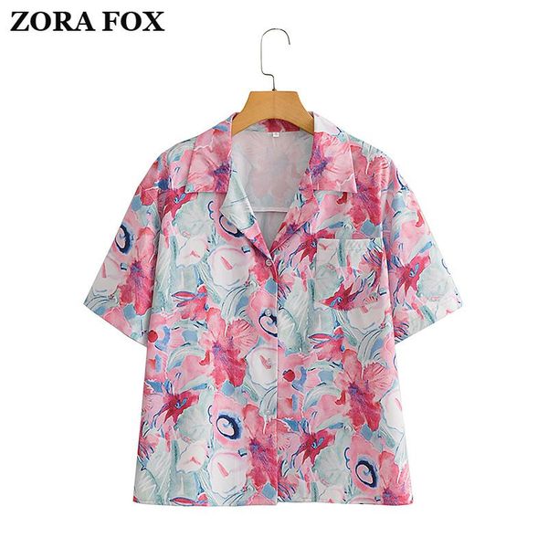 

women's blouses & shirts zora woman loose straight blouse with short sleeve floral printing turn-down collar beach style 2021 summer la, White