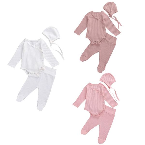 

0-18m infant baby boy girl autumn clothes soft cotton solid 3pcs v neck long sleeve romper+wrap foot pants +hat clothing sets, White