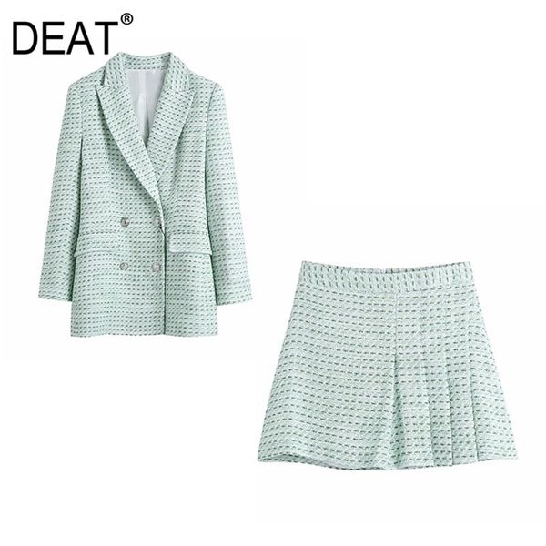 

[deat] spring fashion loose double breasted long sleeve blazer lattice a-line skirts women two-piece suit 13q227 210527, White