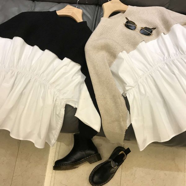 

autumn waist closing knit stitching loose bat sleeve sweater top, White;black