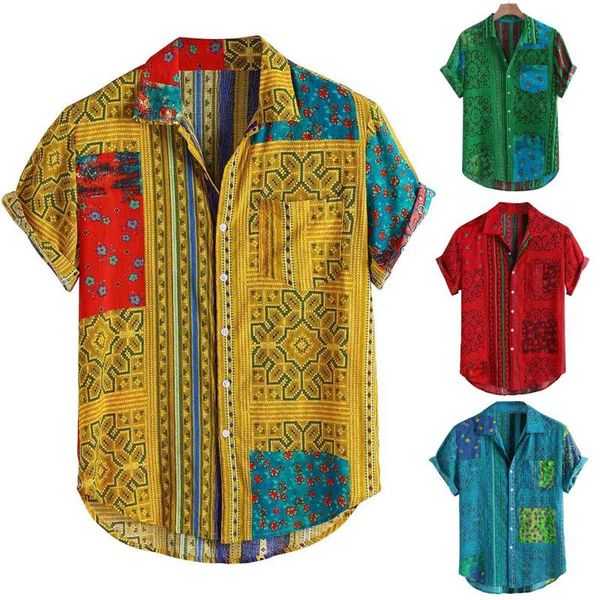 

men's casual shirts summer men printed ethnic plus blouse male short sleeve loose daily beach hawaiian shirt linen fashion outfits, White;black