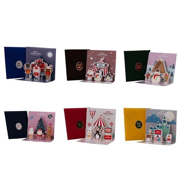 

greeting cards set of 6 merry christmas card 3d -up with envelopes stickers xmas tree snowman santa postcard party 2021