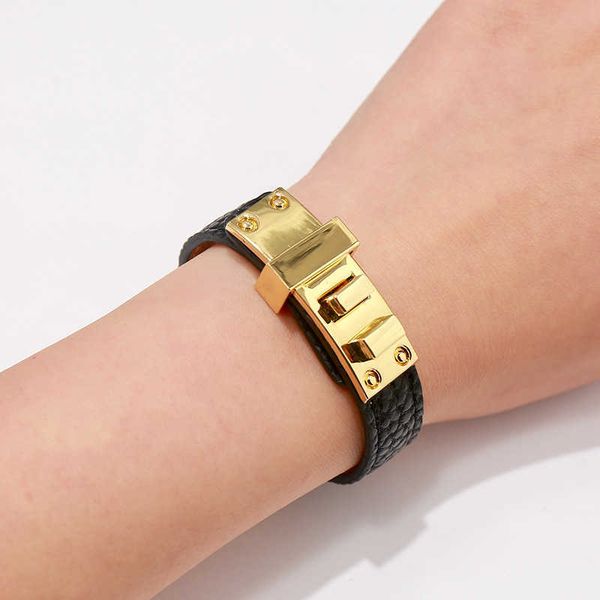 

10 color style single circle pu leather stainless steel clasp bracelet&bangle for women brand jewelry gift q0717, Black