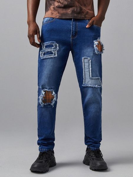 

romwe guys plaid distressed jeans h6dj#, Blue
