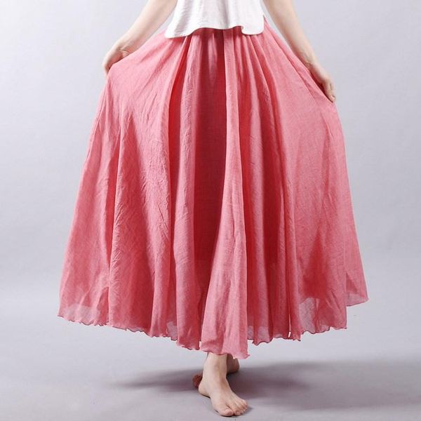 

skirts 2021 women linen cotton long elastic waist pleated maxi casual beach boho vintage summer faldas saia, Black