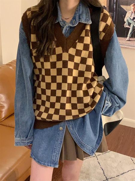 

women's vests college style sweater vest women checkerboard v-neck knitted spring and autumn 2021, Black;white