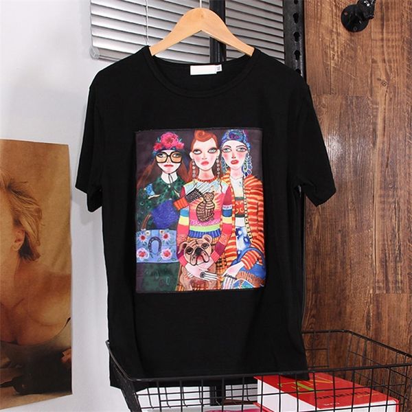 

summer new harajuku style printed applique soft cotton t-shirt women's short sleeve loose plus size lady 210320, White