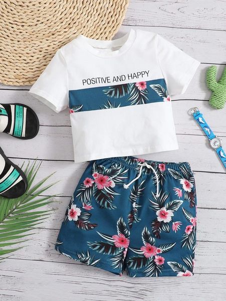 

baby tropical and letter graphic & shorts set she, White