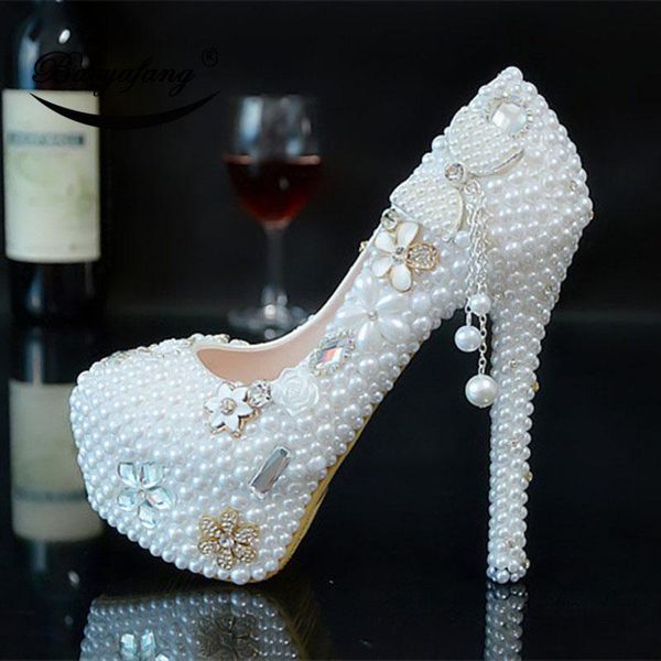 

dress shoes baoyafang 2021 arrival women's wedding bride white pearl bow bridal party woman high heels platform shoe, Black