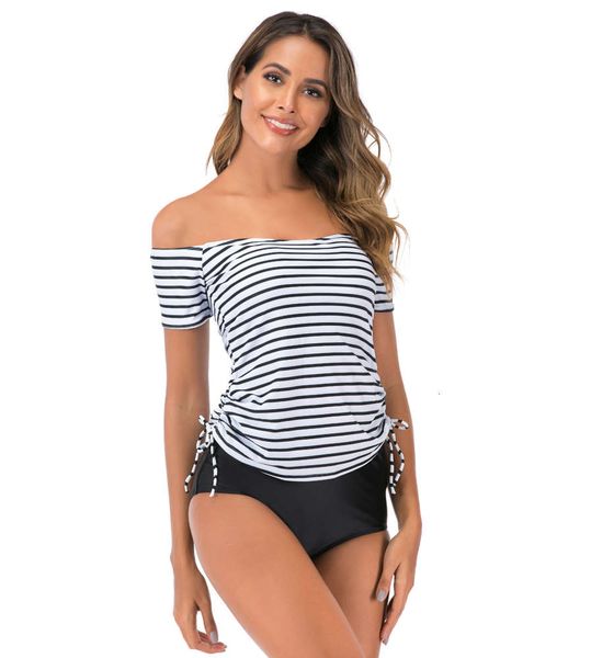

2020 split swimsuit stripe large conservative bikini high waist, White;black
