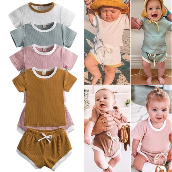 

clothing sets born baby boys girls summer clothes set 2pcs short sleeve +short pants outfits infant toddler kids ribbed knit tracksuits, White