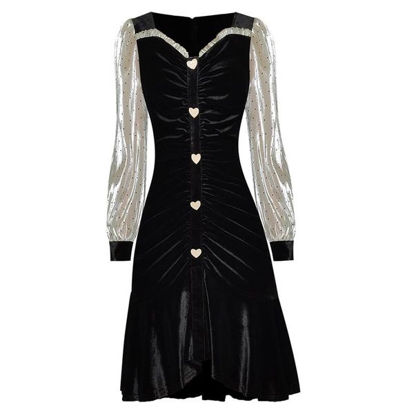 

casual dresses spotted long sleeve v neck beaded heart-shaped buttons knee length velvet mermaid ruffle dress, Black;gray
