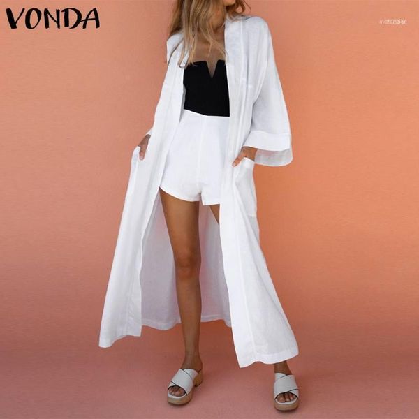 

women's blouses & shirts vonda women cardigans 2021 fashion long vintage casual sleeve blouse solid loose blusas feminina s-5xl1, White
