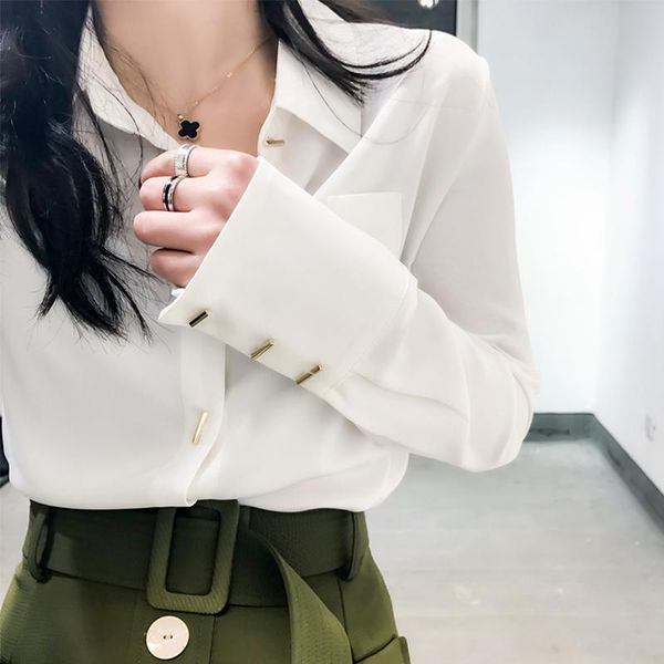 

women solid gold button pockets chiffon blouse vintage office lady elegance long sleeve white shirts korean style women's blouses &